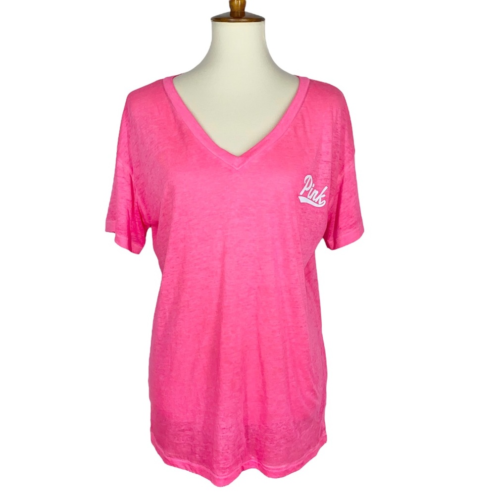 S VS Pink Short Sleeve Neon Sheer Burnout V Neck Hot Pink Logo Tee Shirt Top - Picture 1 of 8